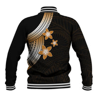 Black baseball jacket back with plumeria flowers, gold geometric band and striped cuffs