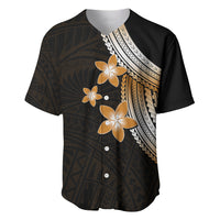 Black baseball jersey with gold plumeria flowers, tribal trim, button front