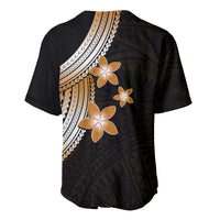 Black baseball jersey with gold plumeria and diagonal tribal border across front