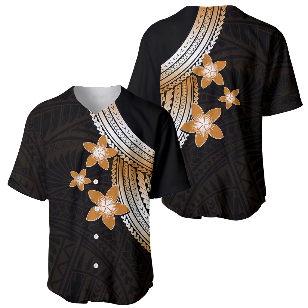 Front and back baseball jersey: black with gold plumeria flowers, tribal trim