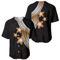 Front and back baseball jersey: black with gold plumeria flowers, tribal trim