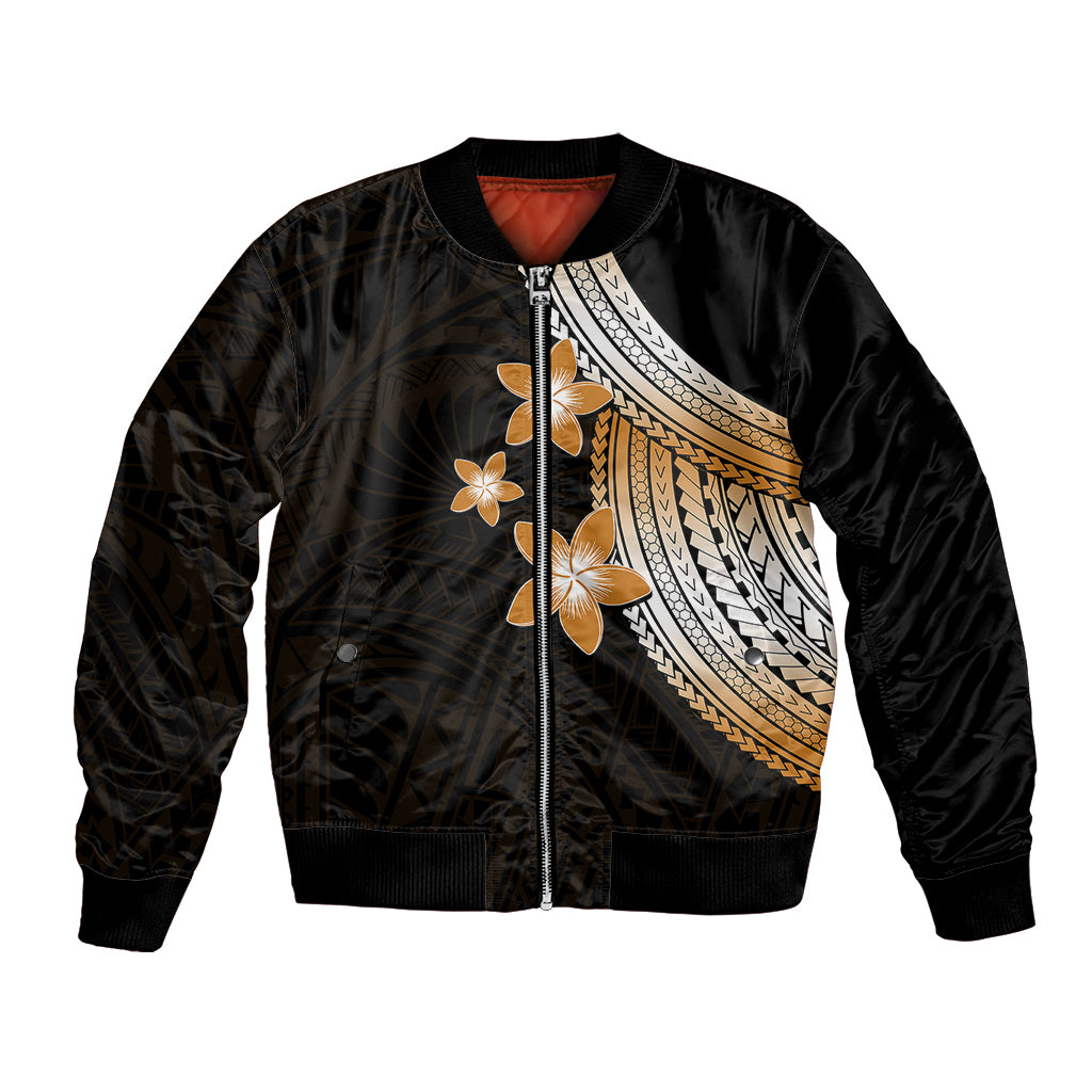 Black satin bomber jacket with front zipper, ribbed cuffs, gold plumeria and tribal stripe panel