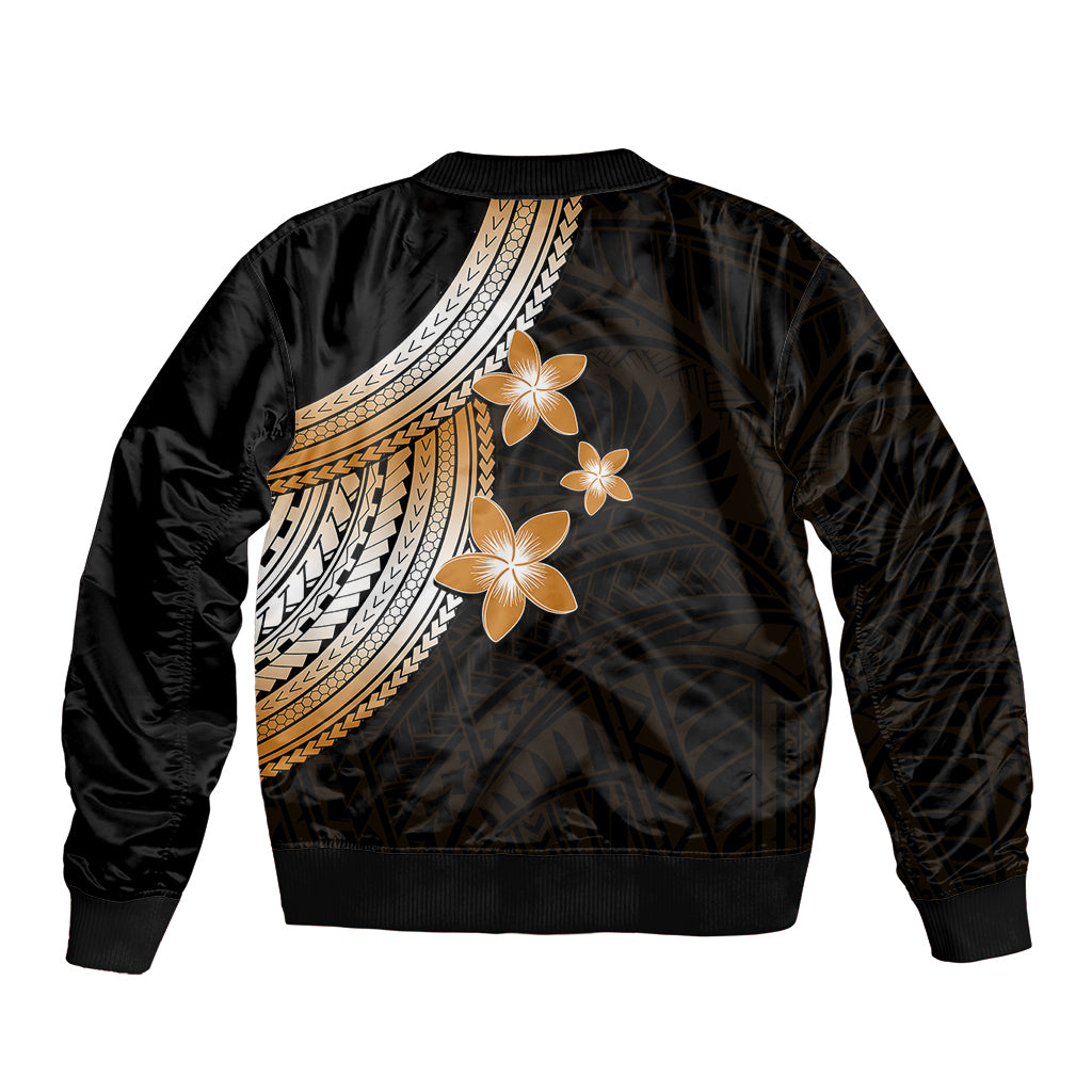 Black bomber jacket back with gold plumeria flowers and tribal geometric stripe graphic