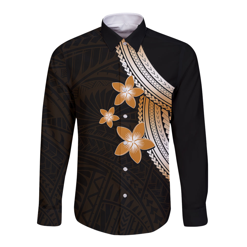 Long-sleeve button shirt with black base, gold plumeria print and patterned placket