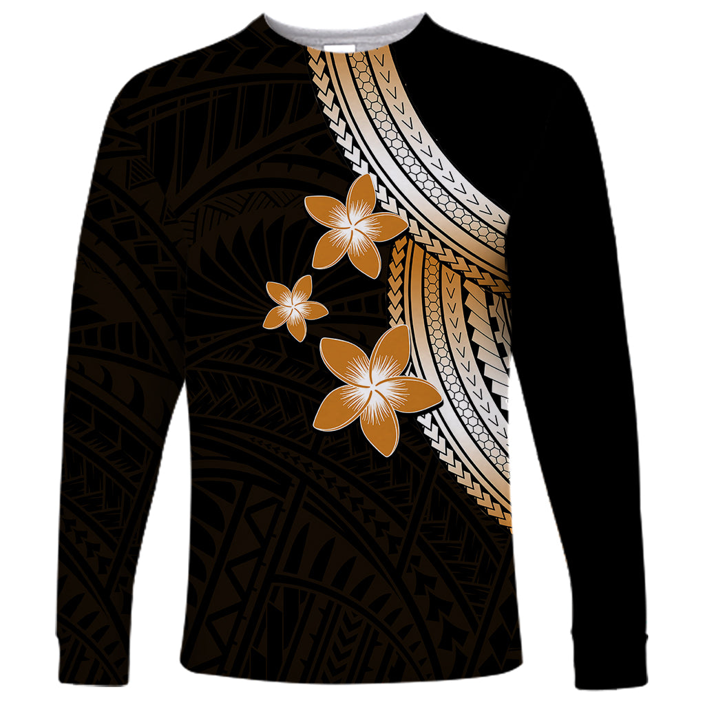 Unisex long-sleeve Polynesian shirt in dark tones with gold and white plumeria flowers