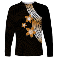 Unisex long-sleeve Polynesian shirt in dark tones with gold and white plumeria flowers