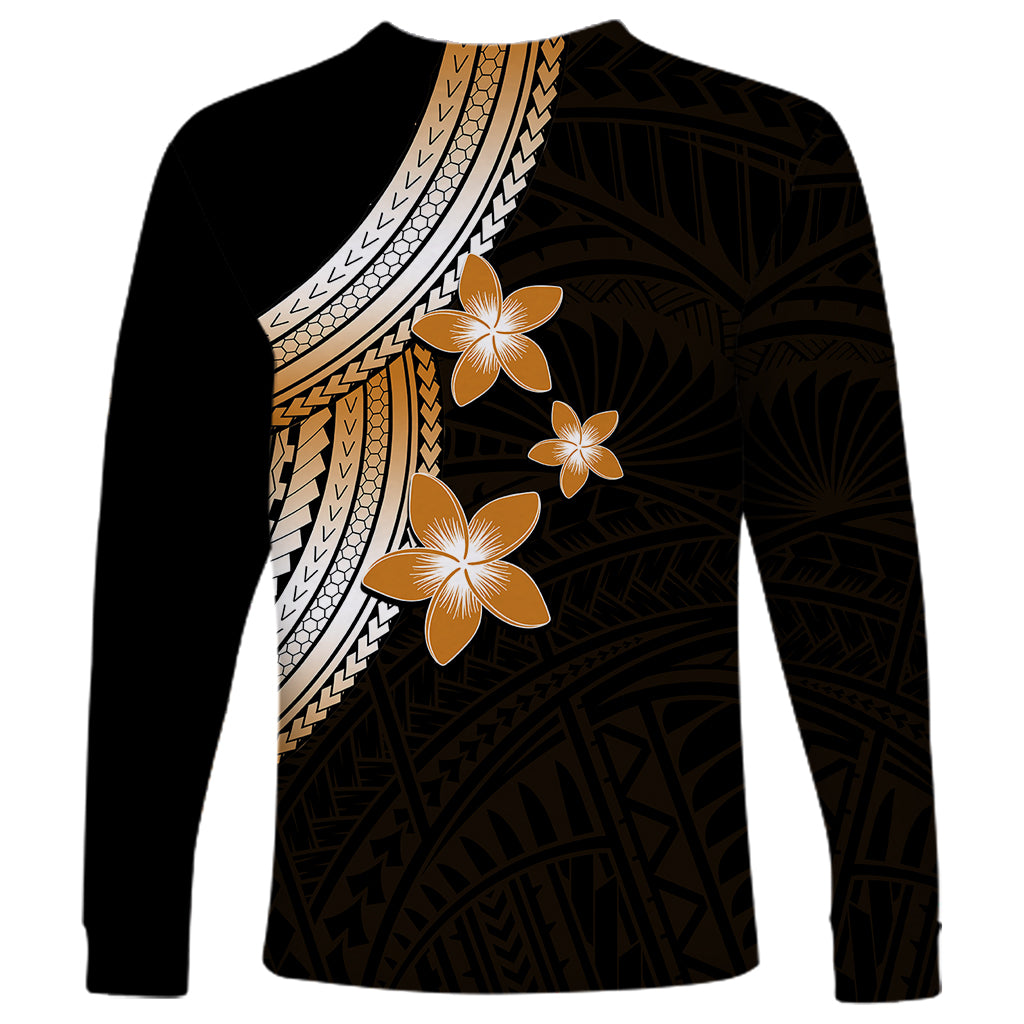 Unisex long-sleeve Polynesian shirt, back print with gold plumeria and patterned white stripe