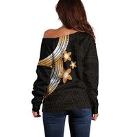 Off-shoulder sweater back with gold-and-white plumeria and tribal pattern