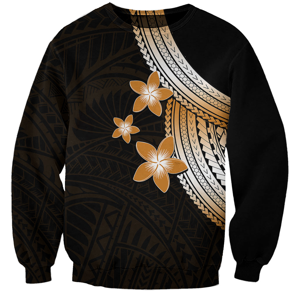 Unisex Polynesian sweatshirt with gold plumeria flowers and geometric stripe panel