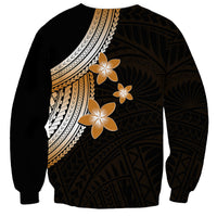 Unisex Polynesian sweatshirt with large gold plumeria flowers and ornate band pattern