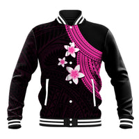 Black baseball jacket with pink plumeria and tribal diagonal graphic, striped ribbed cuffs