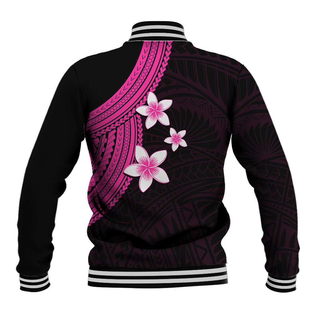 Black baseball jacket back with pink plumeria flowers, tribal pattern, striped ribbed hem
