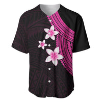 Black baseball jersey with pink trim and plumeria flower graphic, button front