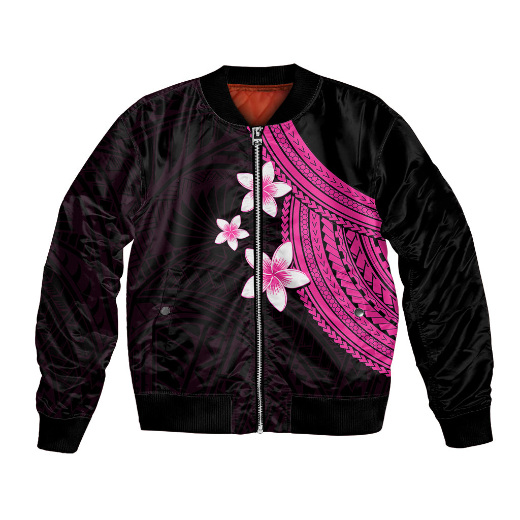 Unisex bomber jacket with black satin look, pink plumeria and diagonal pattern, front zip