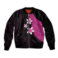 Unisex bomber jacket with black satin look, pink plumeria and diagonal pattern, front zip