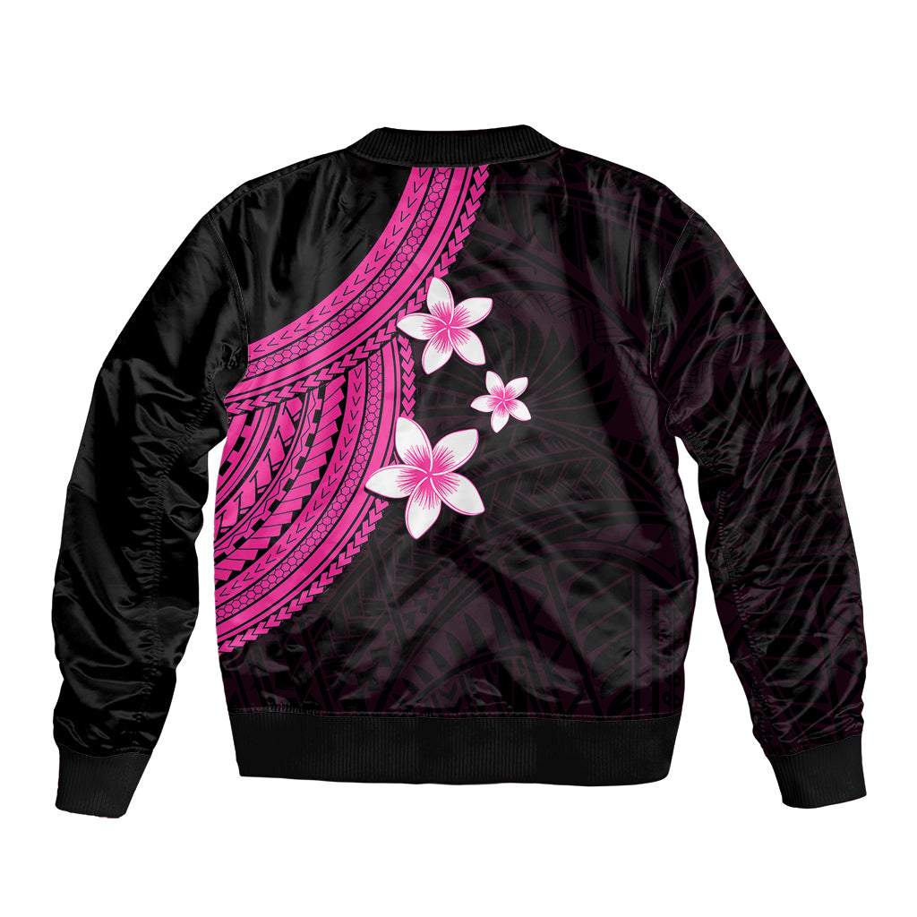 Unisex bomber jacket, black with pink plumeria on back and diagonal tribal band, ribbed hem
