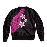 Unisex bomber jacket, black with pink plumeria on back and diagonal tribal band, ribbed hem