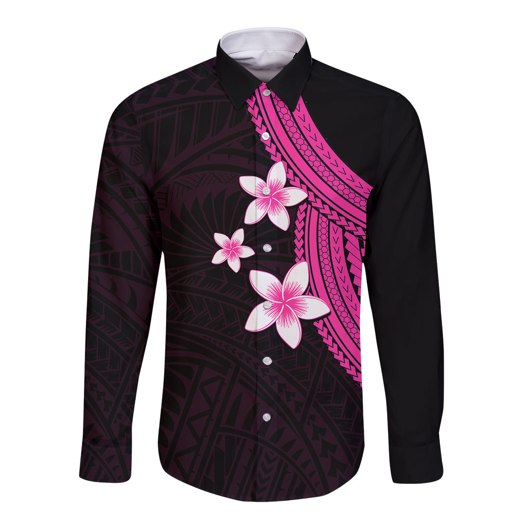 Long-sleeve button shirt in dark with pink plumeria and diagonal stripe panel