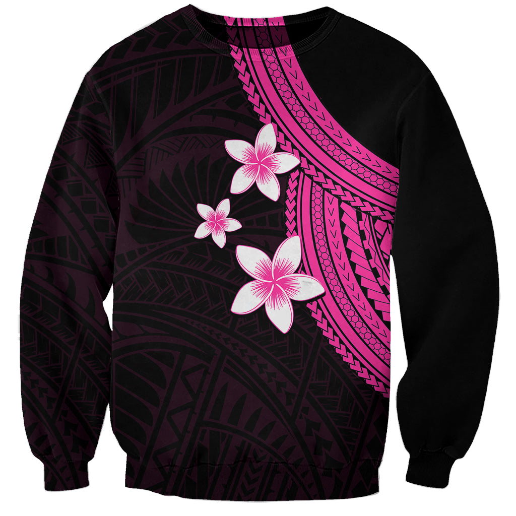 Unisex sweatshirt with pink plumeria and geometric diagonal print on dark fabric