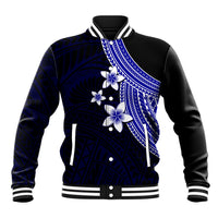 Blue varsity baseball jacket with white plumeria flowers and blue patterned front