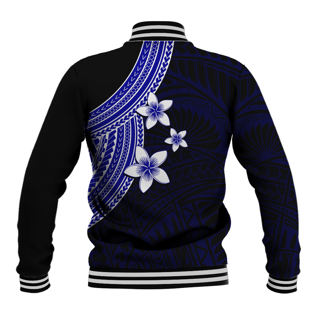 Blue baseball jacket with white plumeria flowers on back, contrast black sleeves