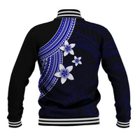 Blue baseball jacket with white plumeria flowers on back, contrast black sleeves