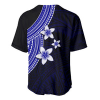 Blue baseball jersey with large white plumeria blossoms and blue patterned band