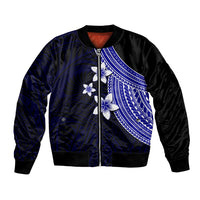 Blue and black bomber jacket with plumeria flower graphic and zip front