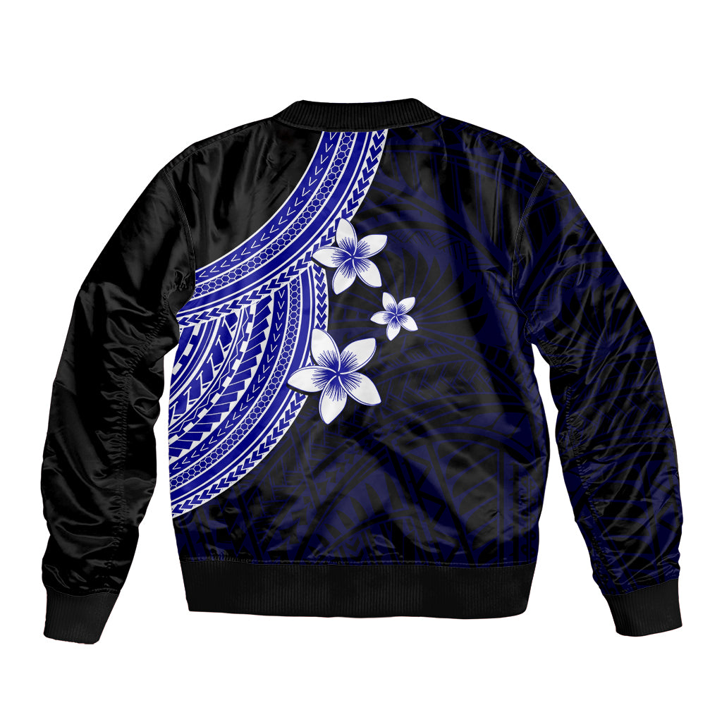 Blue and black bomber jacket with back plumeria flower and patterned yoke