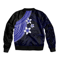 Blue and black bomber jacket with back plumeria flower and patterned yoke