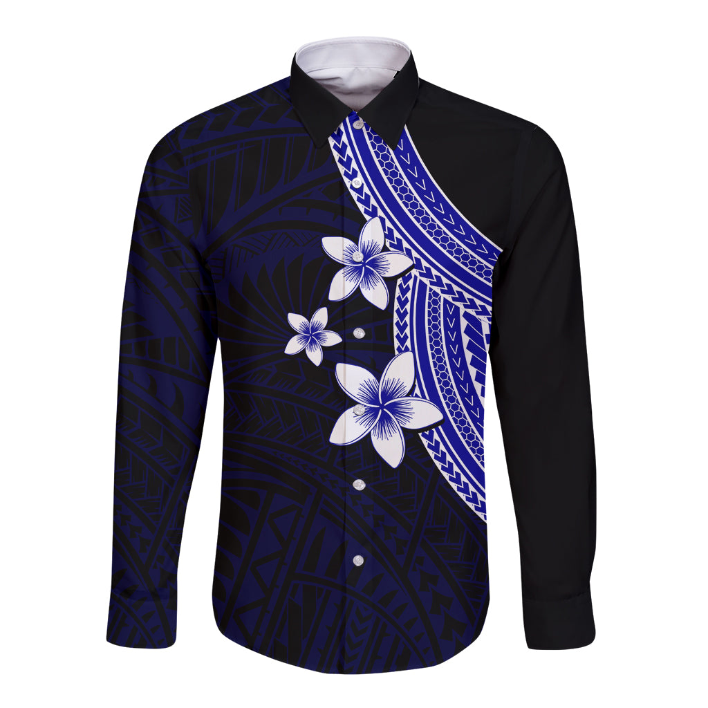 Blue long sleeve button shirt with black sleeves, plumeria floral print and tribal pattern