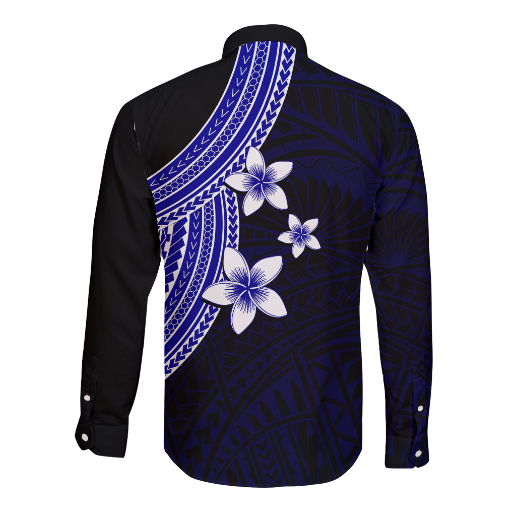 Long sleeve button shirt back with plumeria print, blue tribal pattern and sash panel