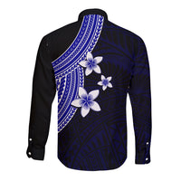 Long sleeve button shirt back with plumeria print, blue tribal pattern and sash panel