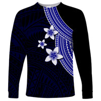 Unisex long sleeve shirt, dark blue geometric print with white plumeria flowers