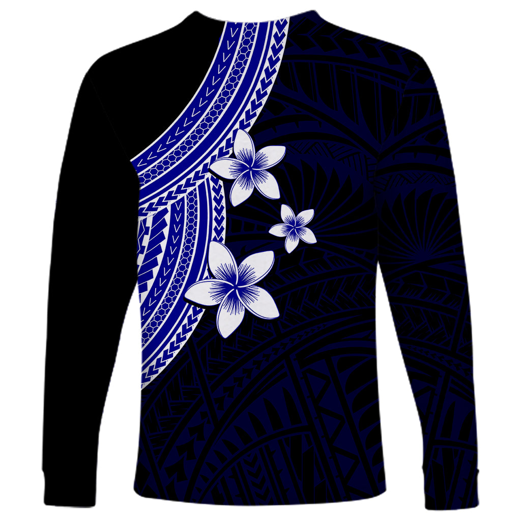 Unisex long sleeve shirt, dark blue print with diagonal stripe and white plumeria flowers