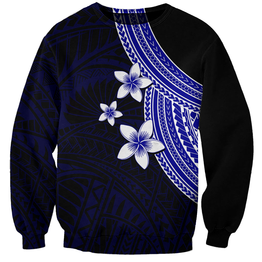 Unisex crewneck sweatshirt, dark blue with white plumeria and diagonal tribal stripe design