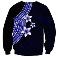 Unisex sweatshirt back design, dark blue with white plumeria flowers and curved tribal motif