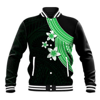 Green and black baseball jacket with white-and-green plumeria flower print, button front.