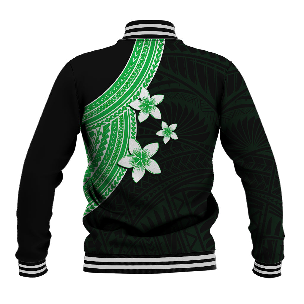 Green and black baseball jacket back view with plumeria flower print, ribbed cuffs and striped hem.