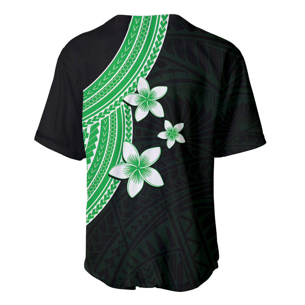 Back view Polynesian baseball jersey with green trim, plumeria prints, dark pattern
