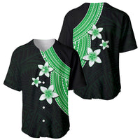 Polynesian baseball jersey set: front and back, green plumeria flowers, dark base
