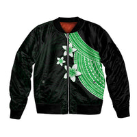 Green plumeria graphic bomber jacket with front zipper and black satin-like finish