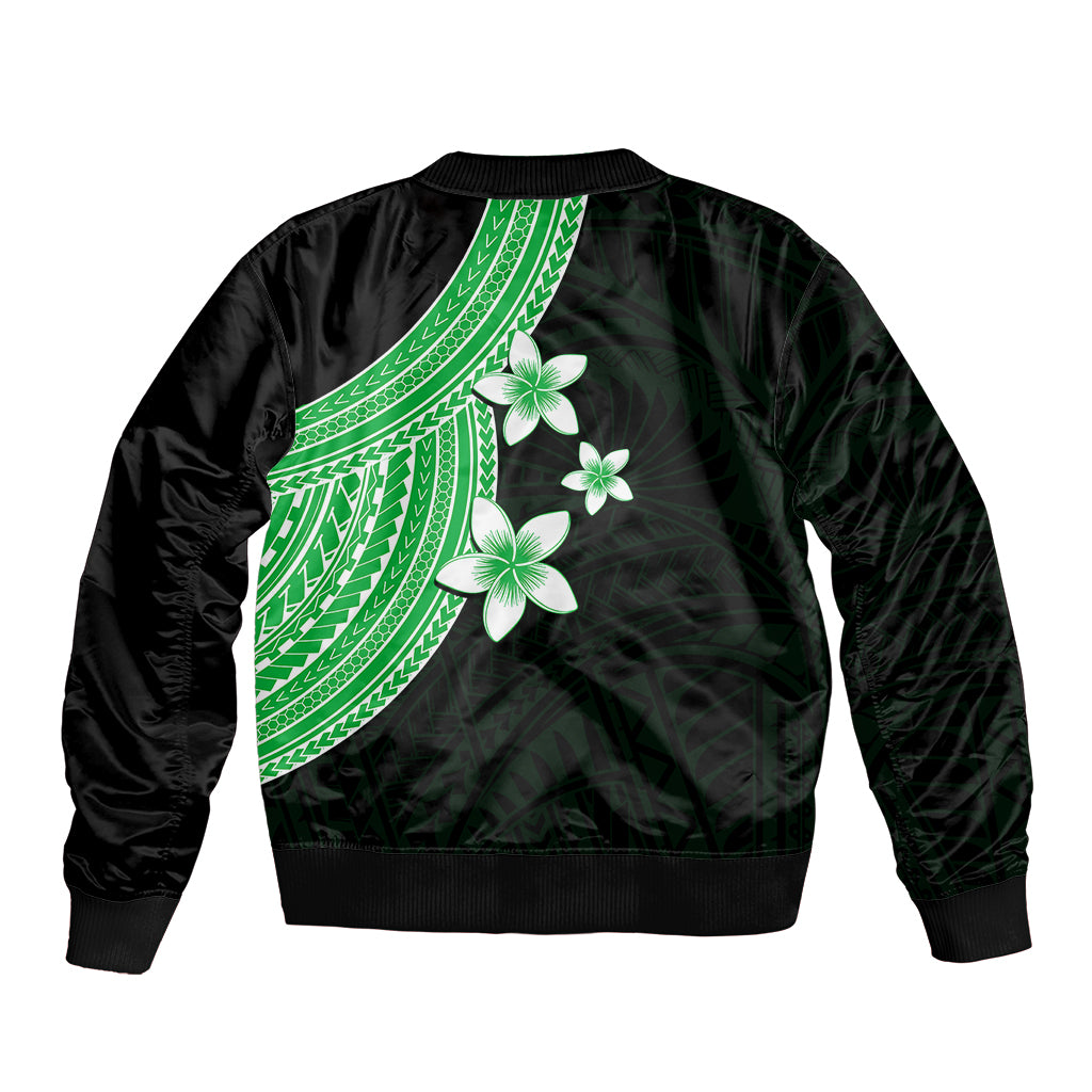 Back view bomber jacket with green patterned panel and white plumeria flowers on black