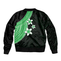 Back view bomber jacket with green patterned panel and white plumeria flowers on black