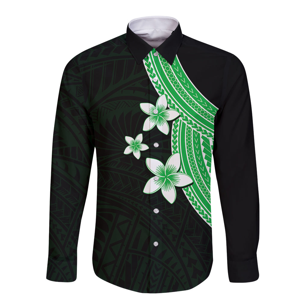 Long sleeve button shirt in dark green with black accents and white plumeria print