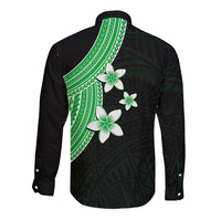 Long sleeve button shirt back, dark green with black side panels and white plumeria print