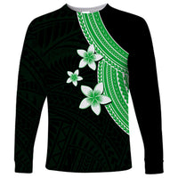 Polynesian long-sleeve shirt in dark green with white plumeria and green geometric stripes