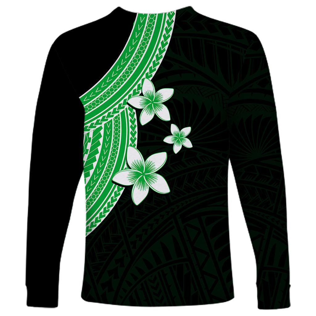 Back of Polynesian long-sleeve shirt in dark green with white plumeria and green geometric stripe