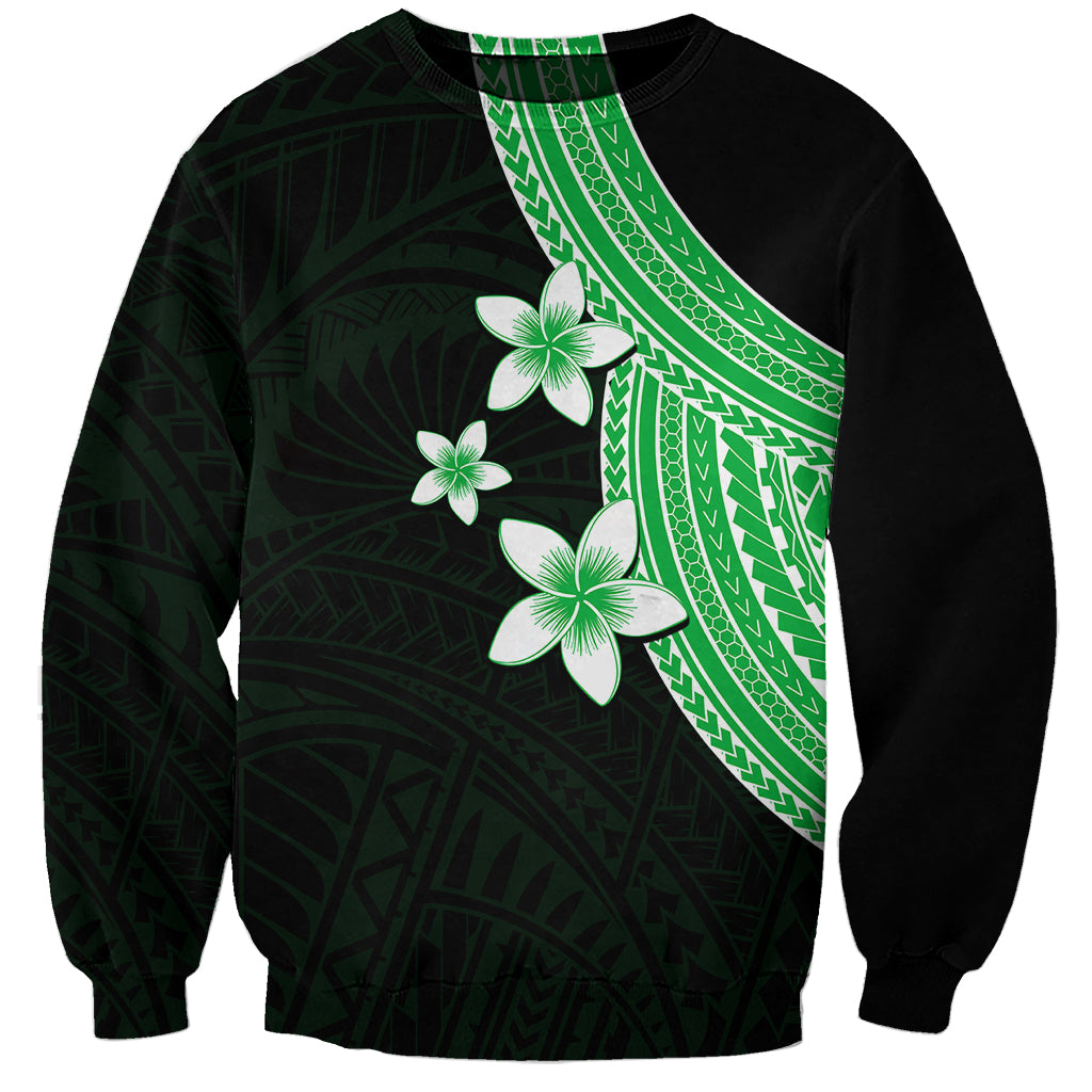Unisex crewneck sweatshirt in dark green and black with white plumeria and green geometric panel