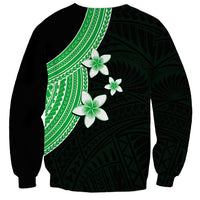 Unisex crewneck sweatshirt with diagonal green pattern and white plumeria on dark background